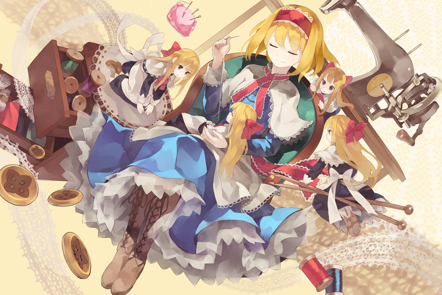 alice_margatroid, blonde_hair, boots, bow, chair, closed_eyes, cross-laced_footwear, dress