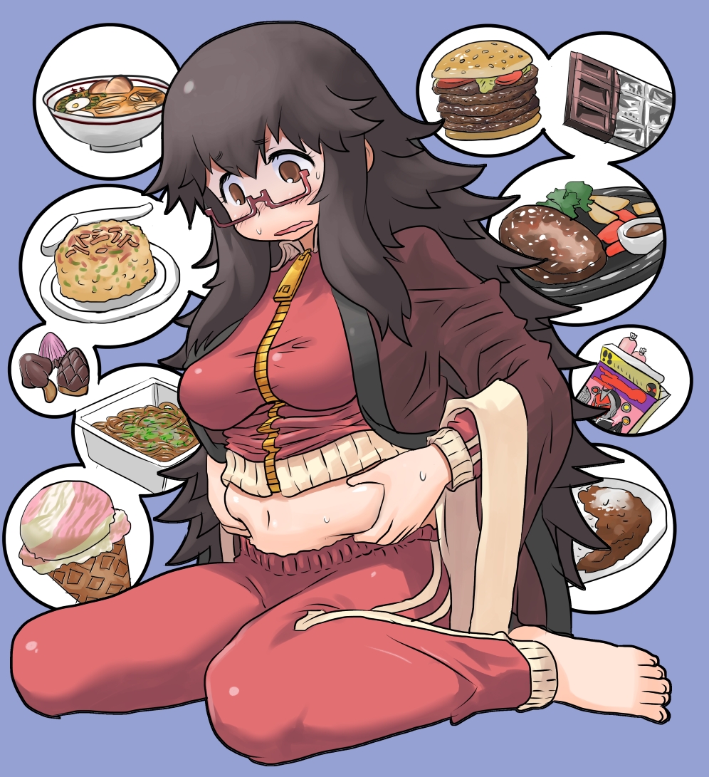 barefoot, belly_grab, black_hair, blush, breasts, brown_eyes, candy, chocolate
