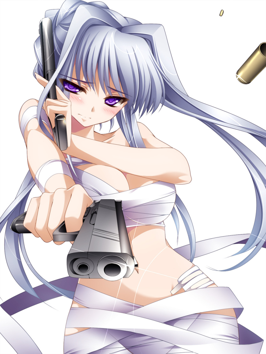 bandage, bandages, blush, breasts, cleavage, dual_wielding, embarrassed, gun
