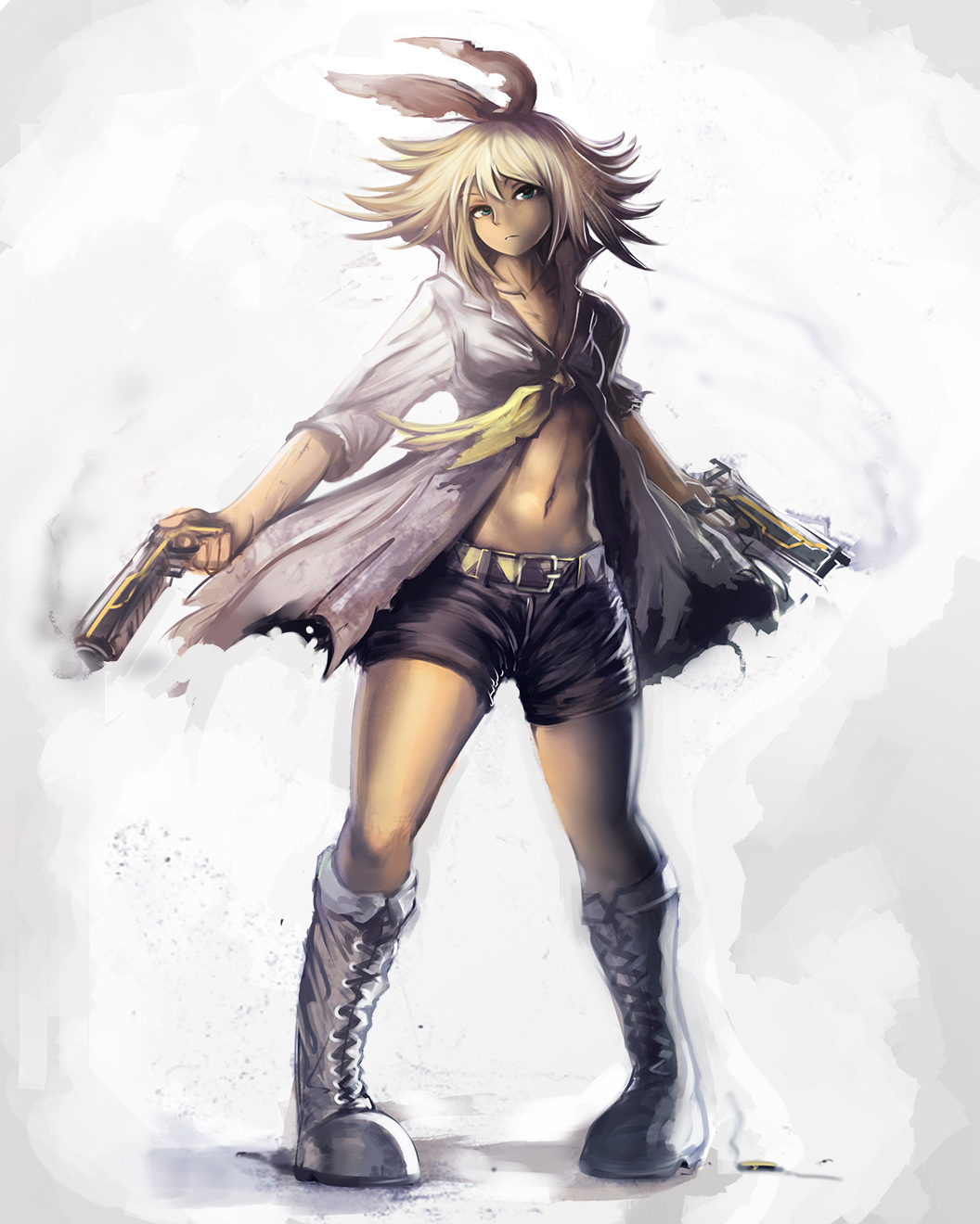 1girl, abs, belt, blonde_hair, boots, bullet, dual_wielding, expressionless