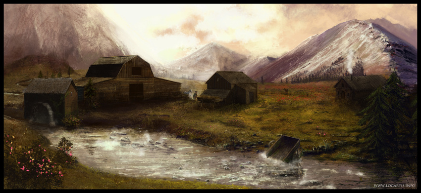 barn, bush, cart, flower, highres, horse, house, logartis