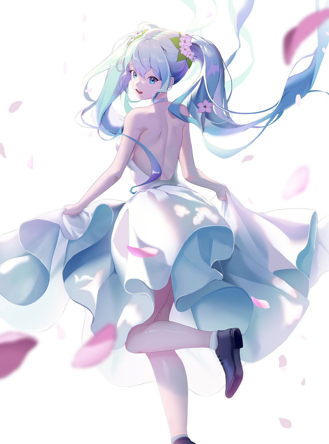 atom, dress, hatsune_miku, no_bra, skirt_lift, vocaloid
