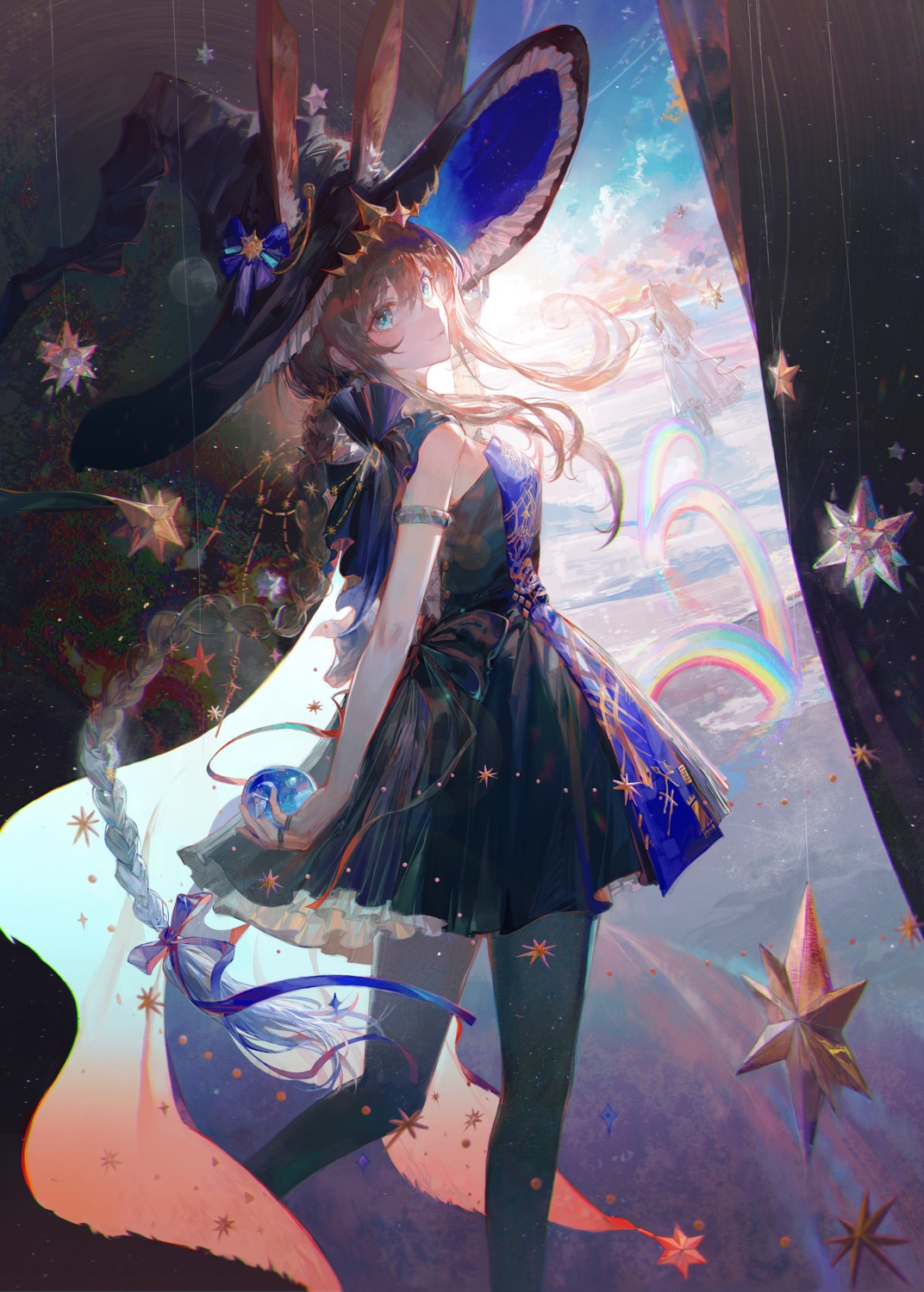 amiya_(arknights), animal_ears, arknights, bunny_ears, daylightallure, dress, pantyhose, theresa_(arknights), witch