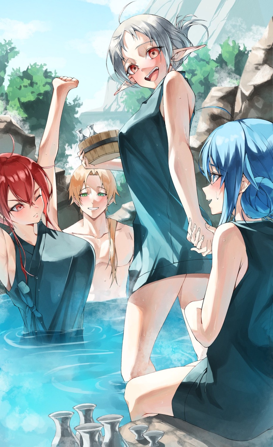 elf, eris_boreas_greyrat, mushoku_tensei, pointy_ears, roxy_migurdia, rudeus_greyrat, saico_isshin, sake