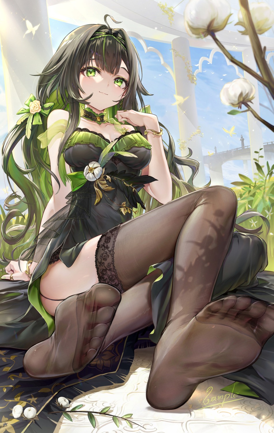 dress, feet, no_bra, qiaogun_damodao, sample, see_through, skirt_lift, stockings, thighhighs