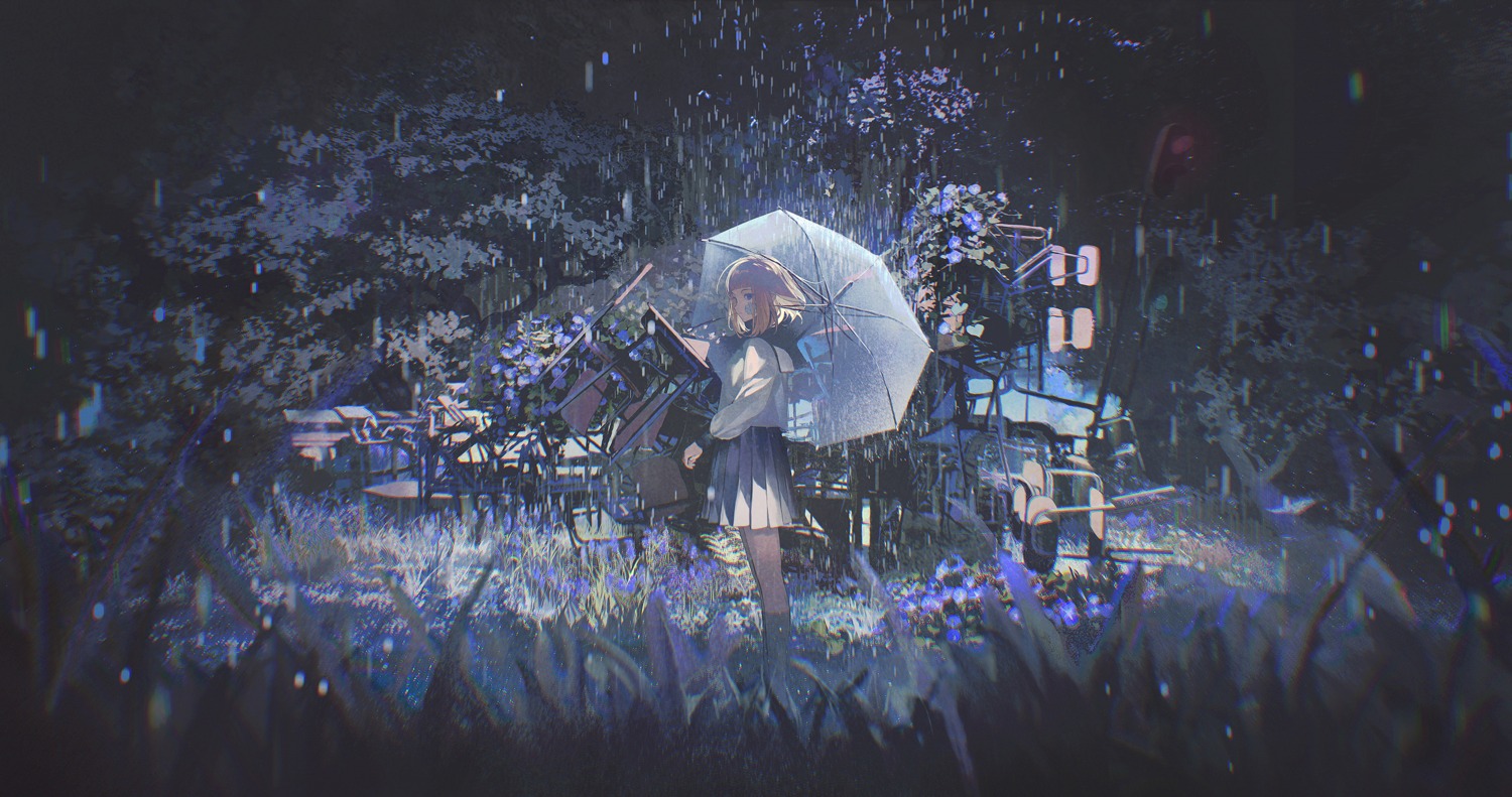 landscape, lobelia_(saclia), seifuku, umbrella, wet