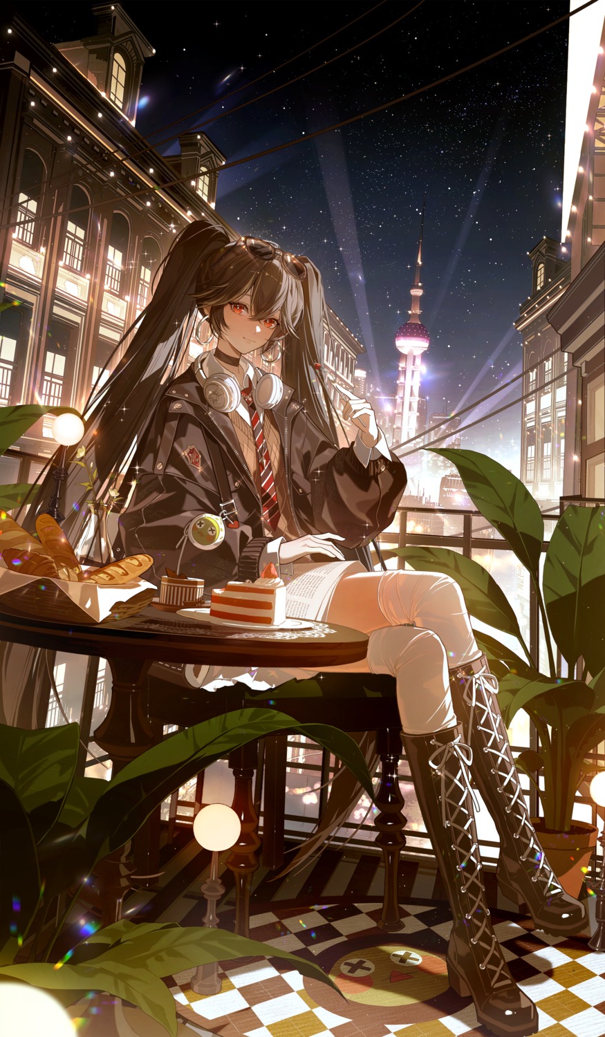 headphones, heels, lucia_(punishing:_gray_raven), megane, punishing:_gray_raven, seifuku, sweater, thighhighs