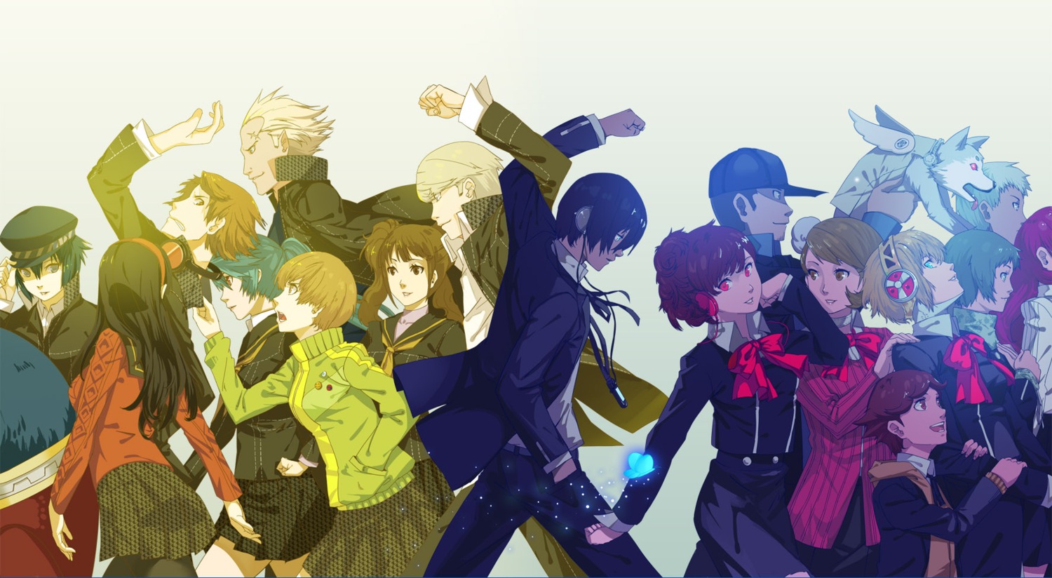 aegis, amada_ken, amagi_yukiko, aragaki_shinjirou, arisato_minato, female_protagonist_(p3), hanamura_yousuke, headphones, iori_junpei, kirijou_mitsuru, koromaru, kujikawa_rise, kuma_(persona_4), labrys, megaten, nanaya_(daaijianglin), narukami_yuu, pantyhose, persona, persona_3, persona_4, persona_4:_the_ultimate_in_mayonaka_arena, reverse_trap, sanada_akihiko, satonaka_chie, seifuku, shirogane_naoto, takeba_yukari, tatsumi_kanji, yamagishi_fuuka