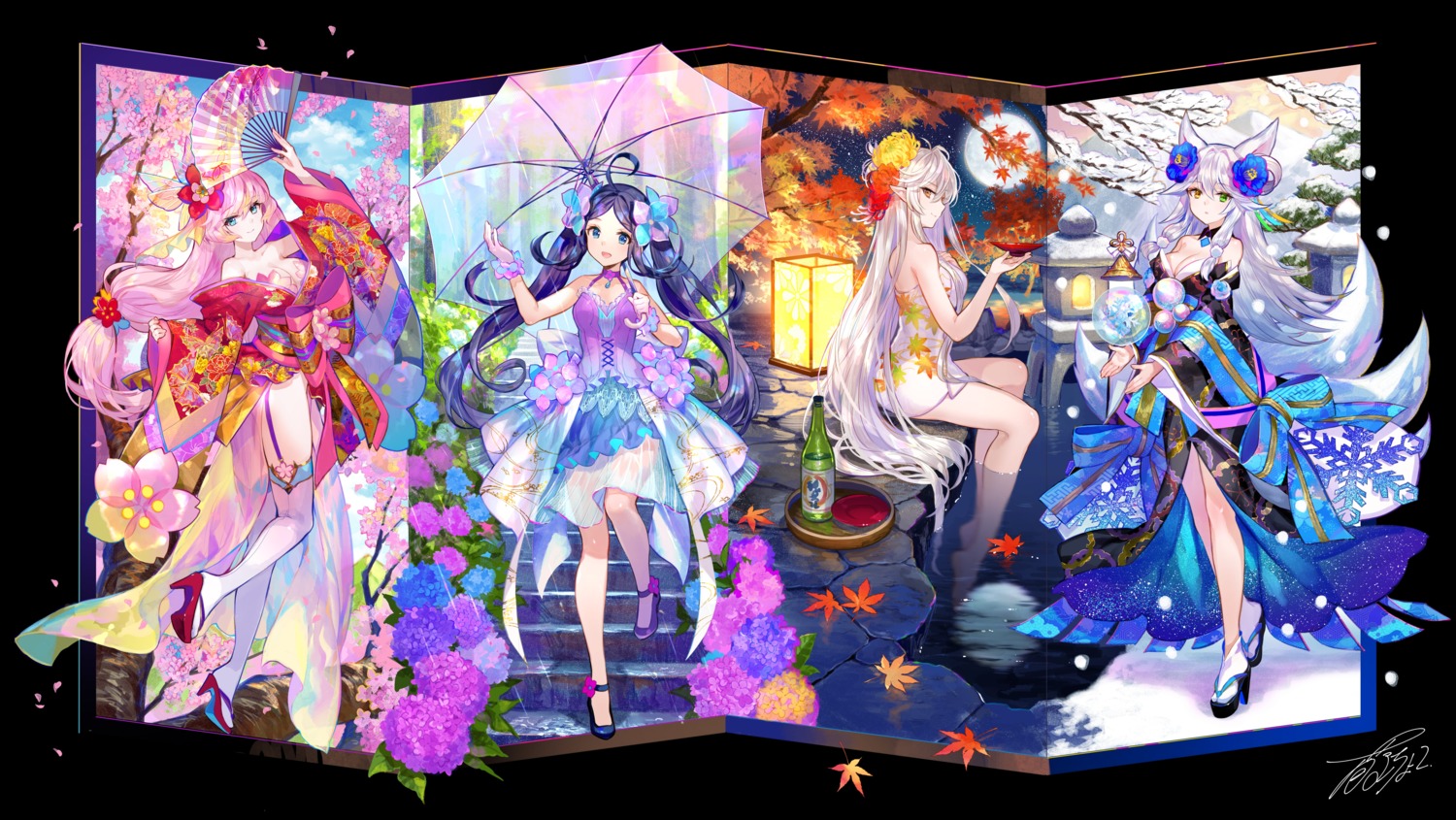animal_ears, cleavage, dress, fuzichoko, heels, heterochromia, japanese_clothes, kitsune, no_bra, onsen, pointy_ears, sake, see_through, signed, stockings, tail, thighhighs, towel, umbrella, wet
