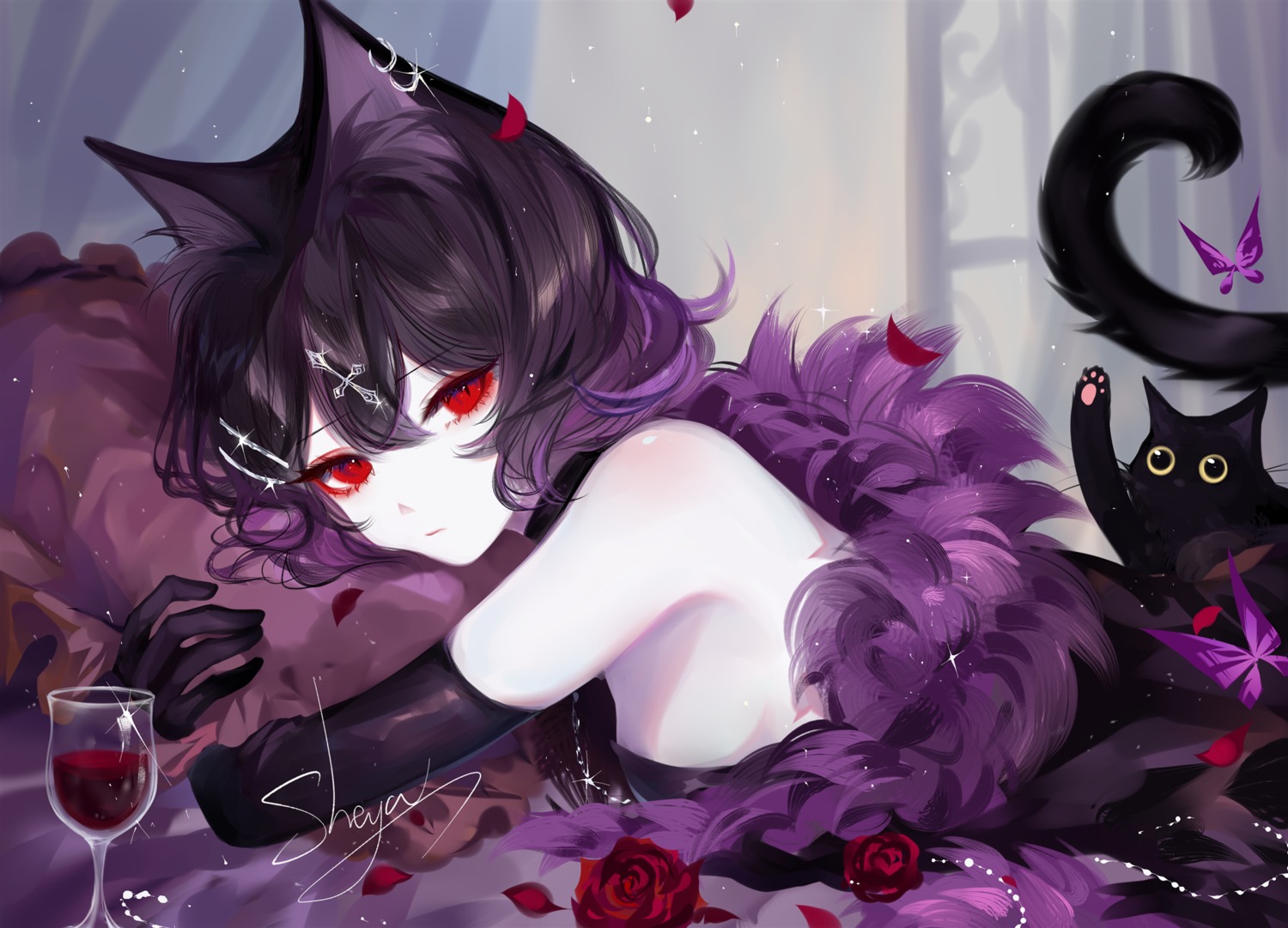 animal_ears, neko, nekomimi, no_bra, sheya, signed, tail